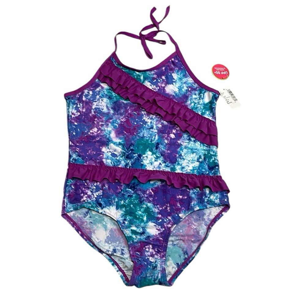 The Children’s Place Purple Ruffle Tie Dye One Piece Halter Swimsuit NEW Large